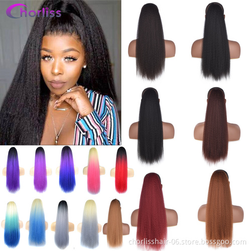 Wholesale 22'' Ombre Long Yaki Straight Drawstring Kinky Curly Ponytail Afro Synthetic Clips in Ponytail Extension For Women